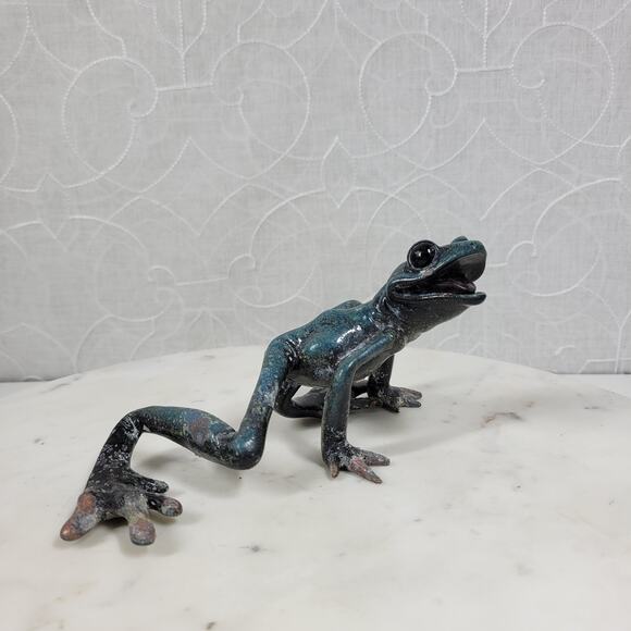 VTG  Kittys Critters Frog Sculpture Green Blue Enameled Metal Cantrell USA - Picture 2 of 16